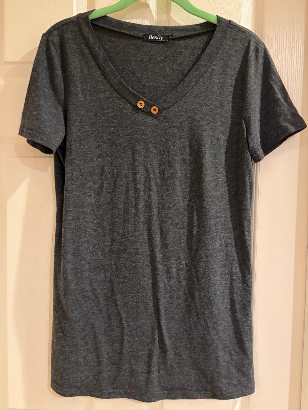 Women's Bestfly Charcoal V-Neck Short Sleeve Top with Button Detail-Small